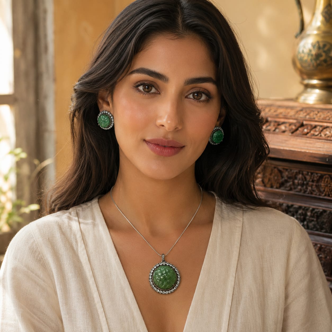 Victorian Green Beryl Pendant & Earrings Set with Rainbow Moonstone & Diamond