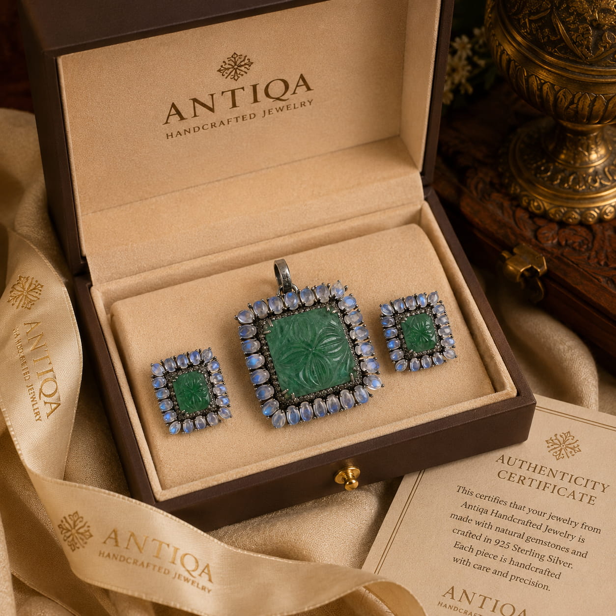 Victorian Green Beryl Pendant & Earrings Set with Sky Blue Topaz & Diamond