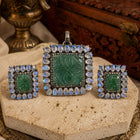 Victorian Green Beryl Pendant & Earrings Set with Sky Blue Topaz & Diamond