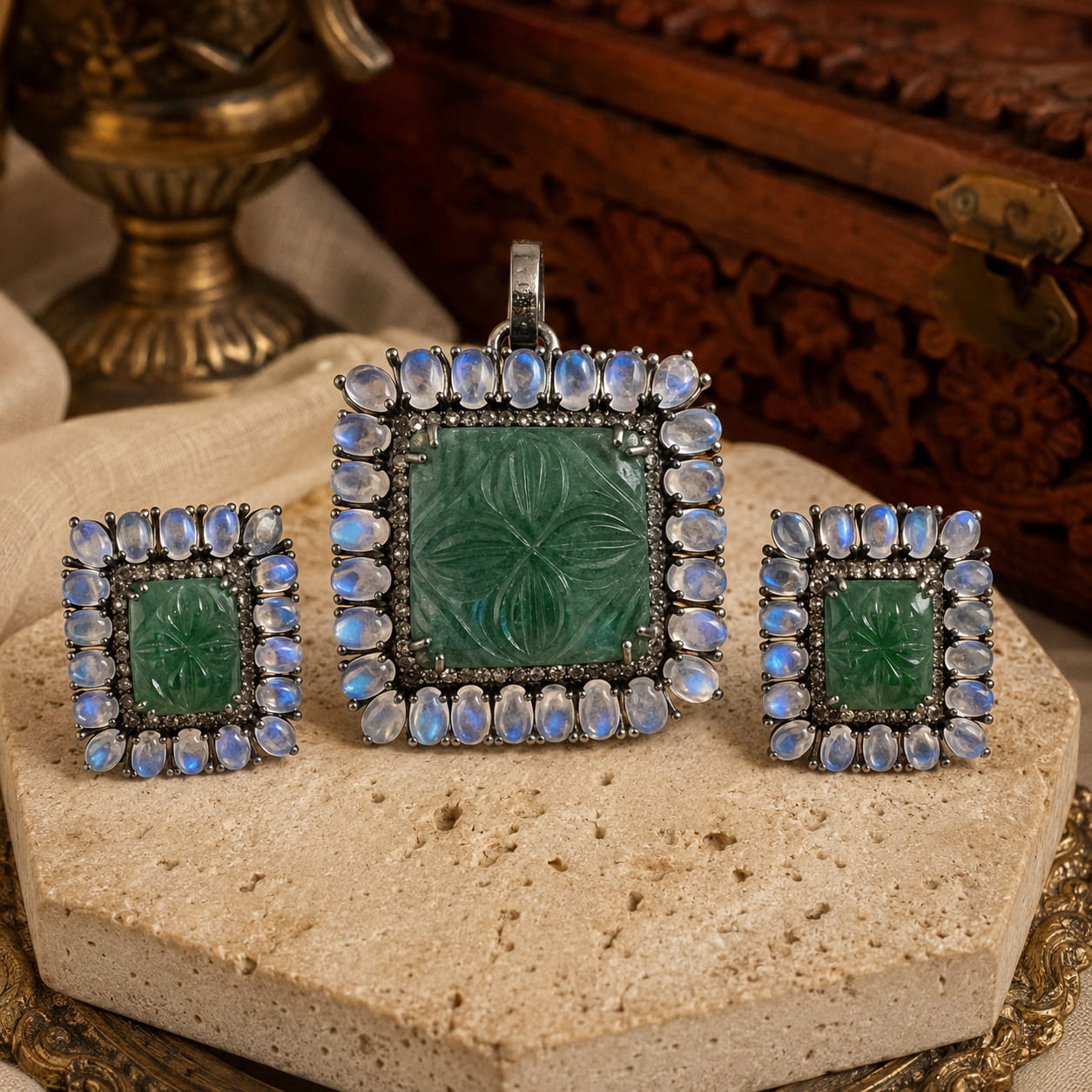 Victorian Green Beryl Pendant & Earrings Set with Sky Blue Topaz & Diamond