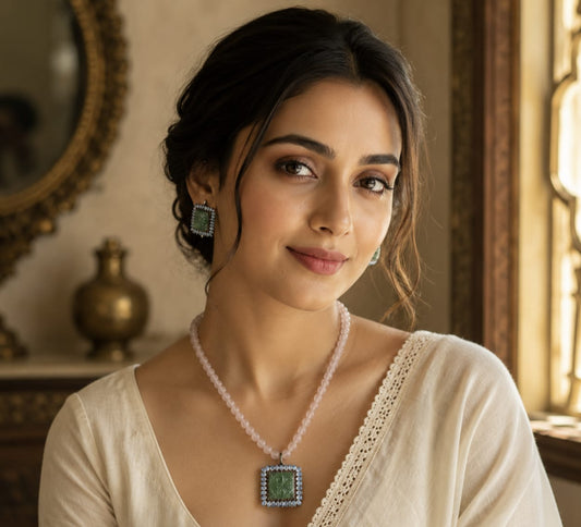 Victorian Green Beryl Pendant & Earrings Set with Sky Blue Topaz & Diamond - Antiqa Handcrafted