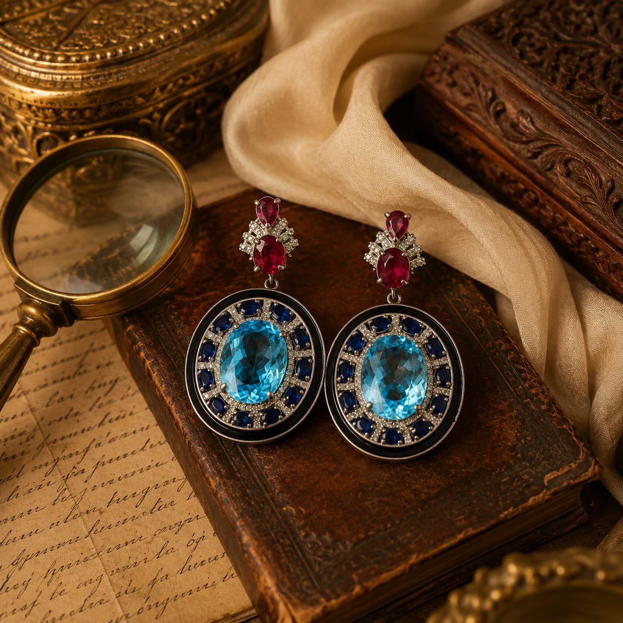 Victorian London Blue Topaz Earrings with Ruby, Sapphire & Diamond