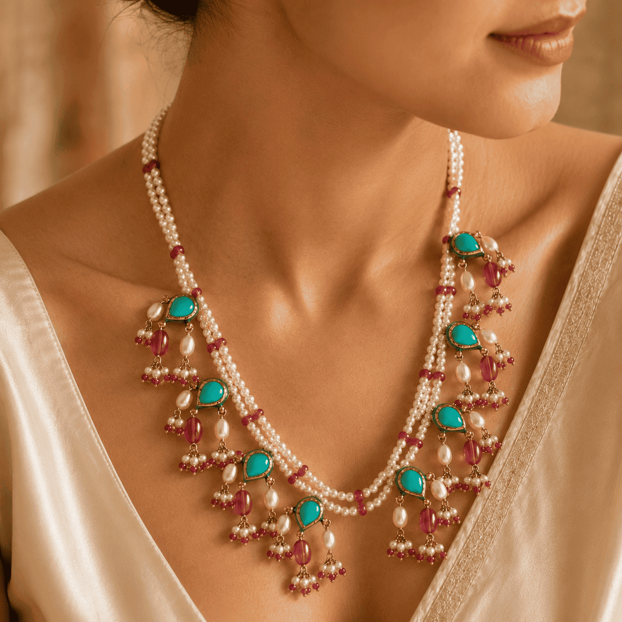 Victorian Pearl & Ruby Sterling Silver Statement Necklace