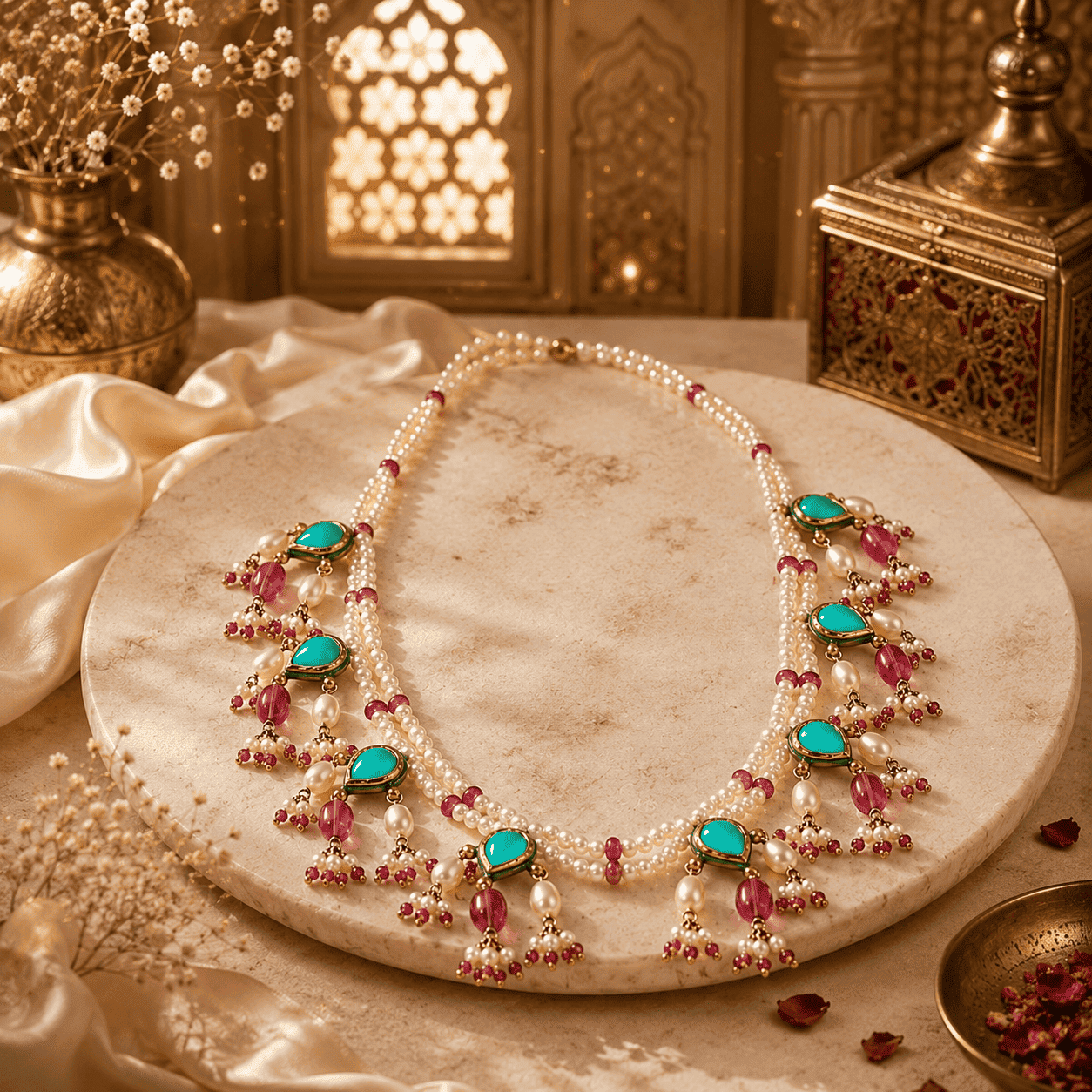 Victorian Pearl & Ruby Sterling Silver Statement Necklace