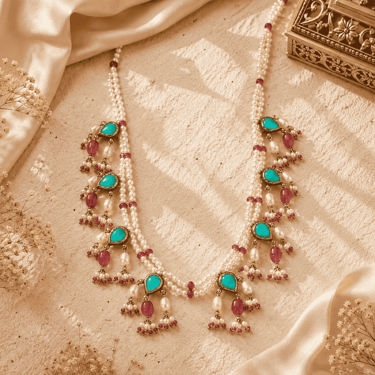 Victorian Pearl & Ruby Sterling Silver Statement Necklace