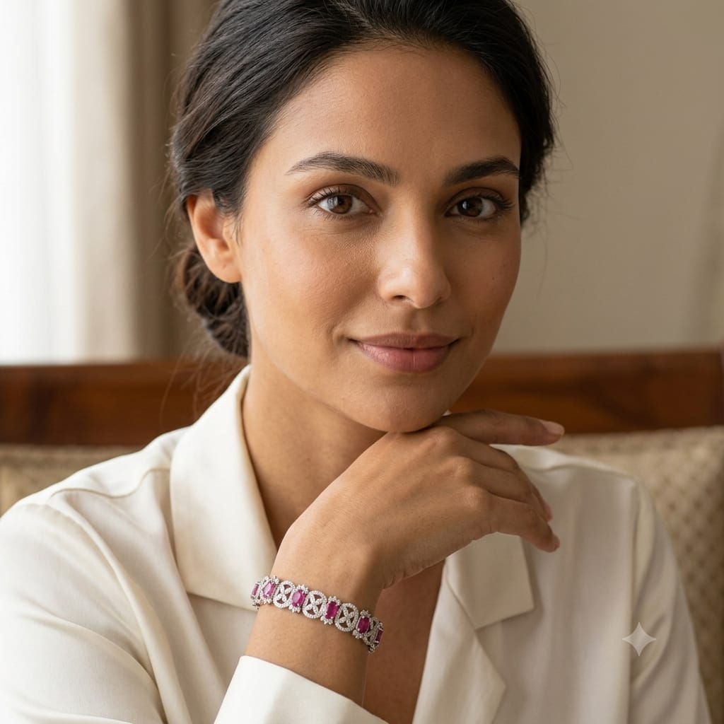 Victorian Sterling Silver Bracelet with Natural Thai Ruby & Diamond