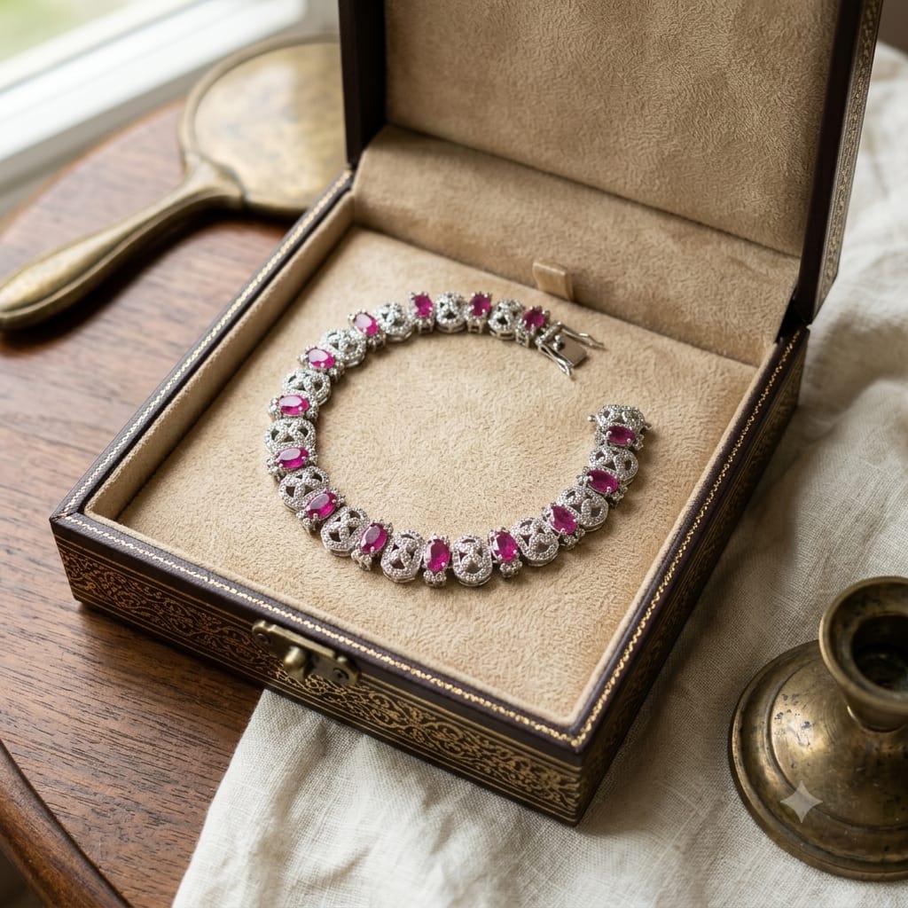 Victorian Sterling Silver Bracelet with Natural Thai Ruby & Diamond