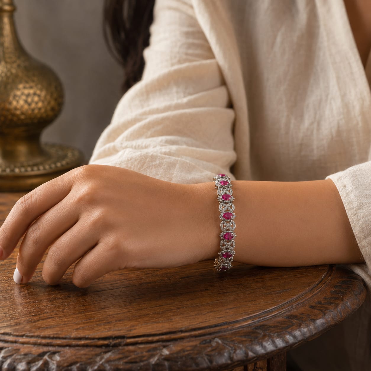 Victorian Sterling Silver Bracelet with Natural Thai Ruby & Diamond