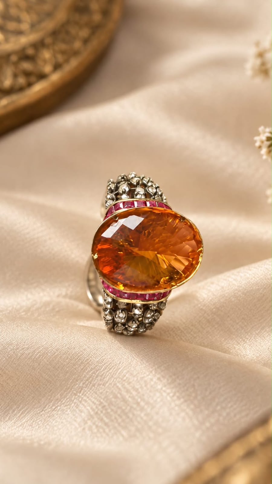 Victorian Style Citrine Ring with Thai Rubies and Diamonds