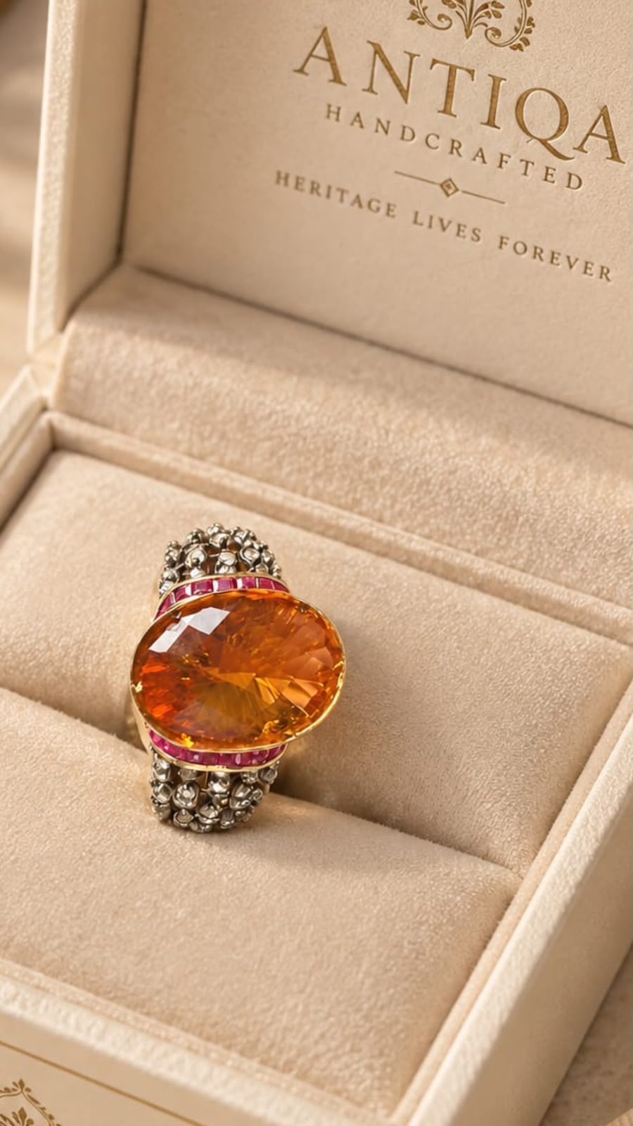 Victorian Style Citrine Ring with Thai Rubies and Diamonds