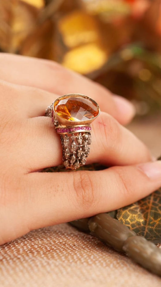 Victorian Style Citrine Ring with Thai Rubies and Diamonds - Antiqa Handcrafted