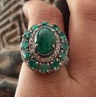 Victorian-Style Sterling Silver Ring with 6.08 Ct Zambian Emerald Cabochon & Diamonds