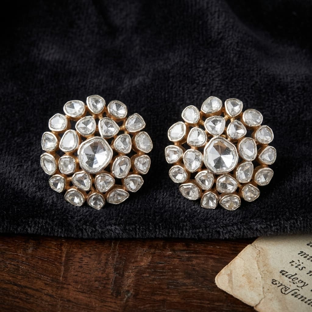Vintage Diamond Polki Floral Ear Tops in Sterling Silver