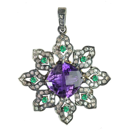Vintage Floral Amethyst & Emerald Pendant – A Statement of Elegance - Antiqa Handcrafted