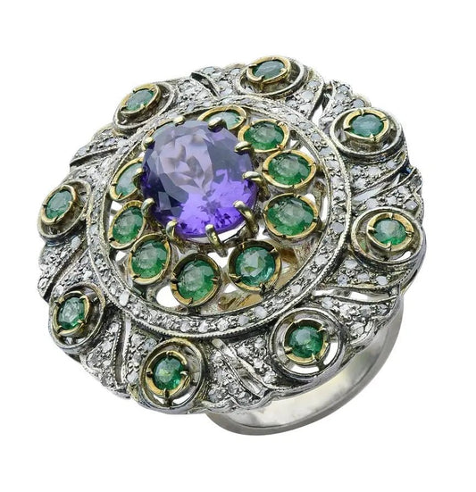 Vintage-Inspired Amethyst and Emerald Statement Ring - Antiqa Handcrafted
