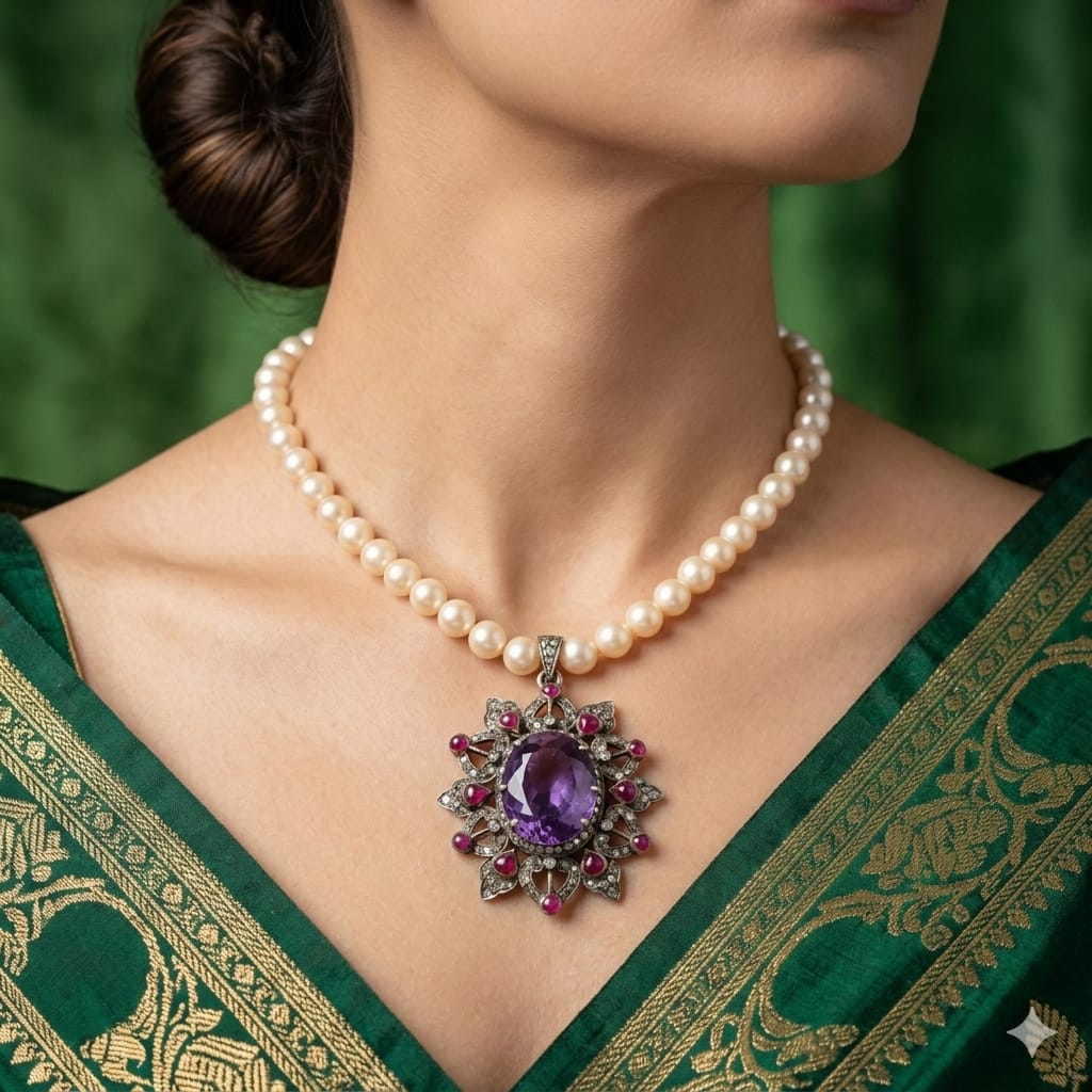 Vintage-Inspired Amethyst Pendant with Ruby & Diamond in 925 Sterling Silver