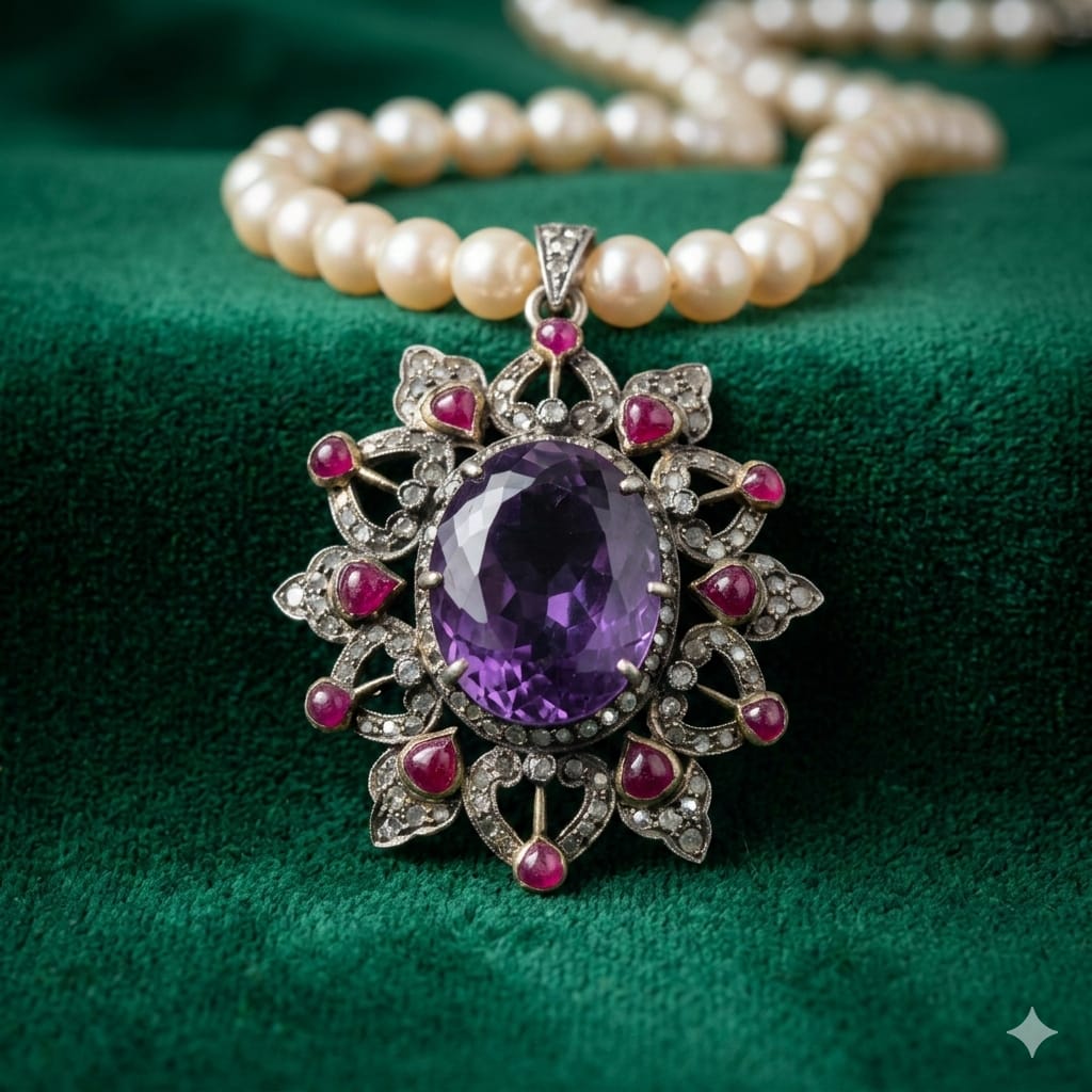 Vintage-Inspired Amethyst Pendant with Ruby & Diamond in 925 Sterling Silver