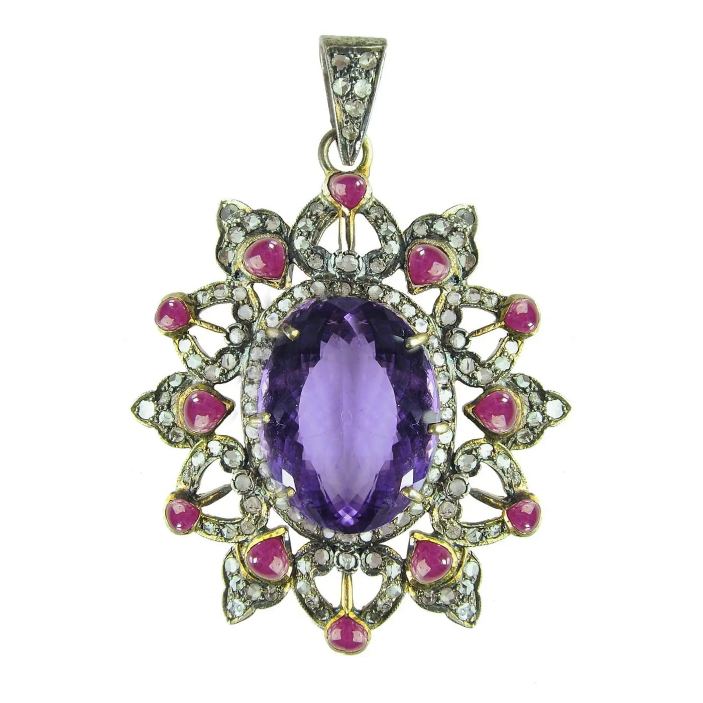 Vintage-Inspired Amethyst Pendant with Ruby & Diamond in 925 Sterling Silver