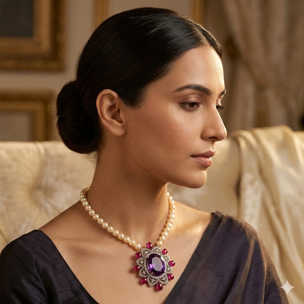 Vintage-Inspired Amethyst Pendant with Ruby & Diamond in 925 Sterling Silver