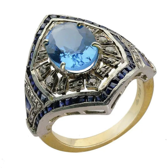 Vintage-Inspired Blue Topaz and Sapphire Ring – Art Deco Statement Jewelry - Antiqa Handcrafted