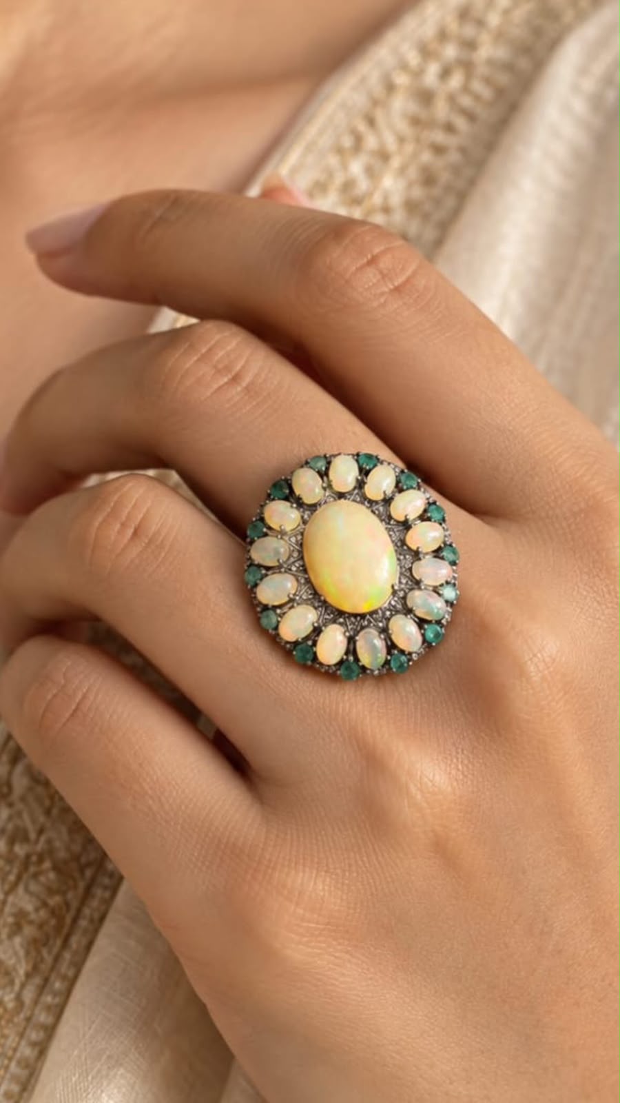 Vintage Inspired Opal and Emerald Ring with Diamonds