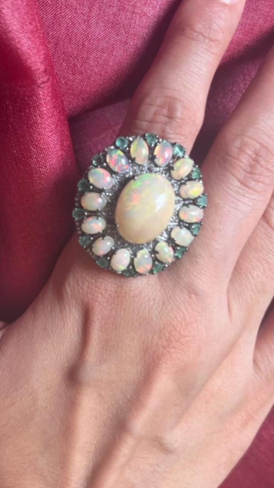 Vintage Inspired Opal and Emerald Ring with Diamonds