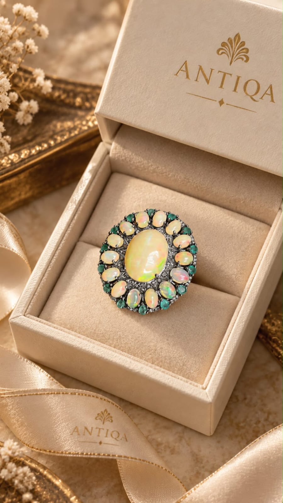 Vintage Inspired Opal and Emerald Ring with Diamonds