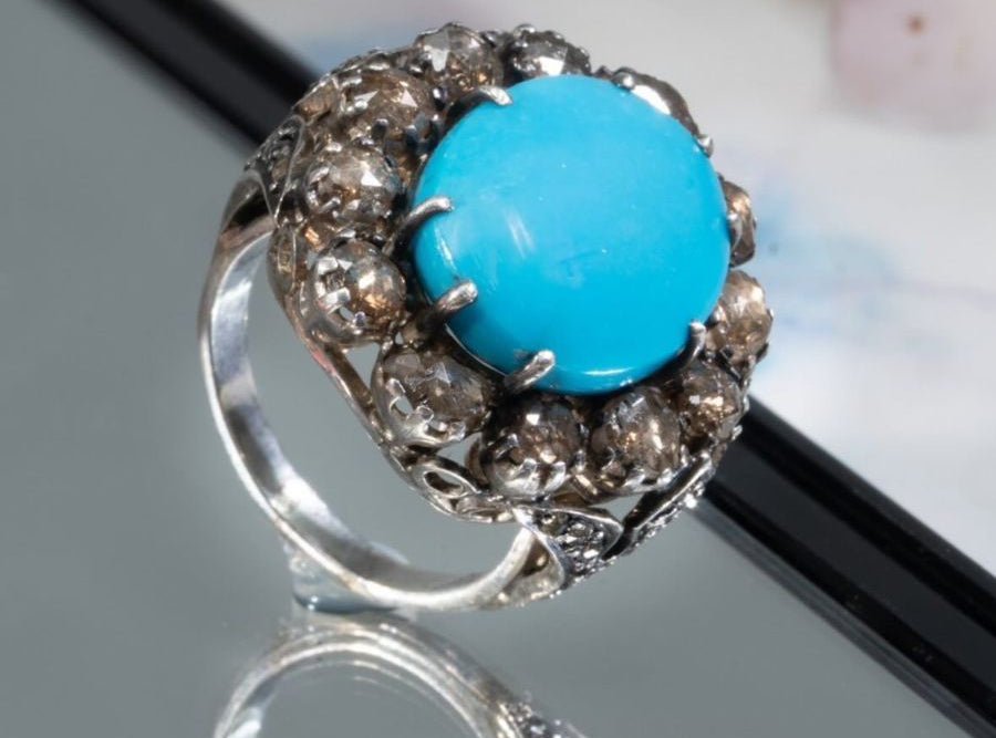 Vintage Style Persian Turquoise Ring in Sterling Silver with Rose-Cut Diamonds – Handcrafted Luxury Statement Jewelry