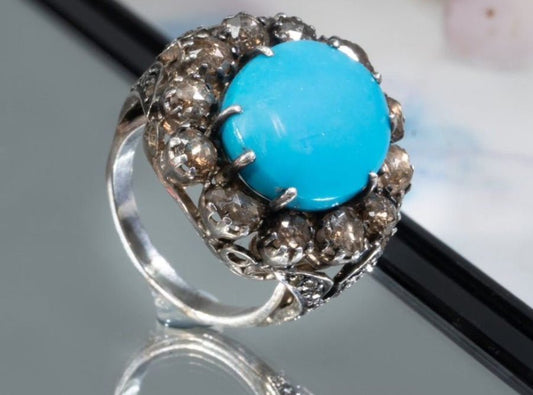 Vintage Style Persian Turquoise Ring in Sterling Silver with Rose-Cut Diamonds – Handcrafted Luxury Statement Jewelry - Antiqa Handcrafted