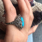 Vintage Style Persian Turquoise Ring in Sterling Silver with Rose-Cut Diamonds – Handcrafted Luxury Statement Jewelry