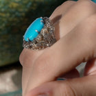 Vintage Style Persian Turquoise Ring in Sterling Silver with Rose-Cut Diamonds – Handcrafted Luxury Statement Jewelry