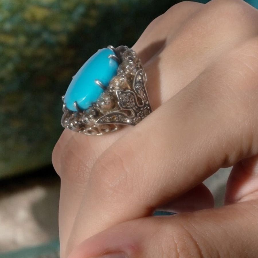 Vintage Style Persian Turquoise Ring in Sterling Silver with Rose-Cut Diamonds – Handcrafted Luxury Statement Jewelry