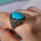 Vintage Style Persian Turquoise Ring in Sterling Silver with Rose-Cut Diamonds – Handcrafted Luxury Statement Jewelry
