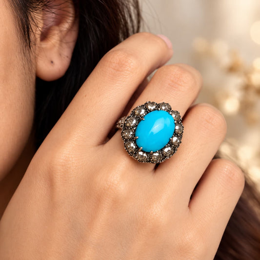 Vintage Style Persian Turquoise Ring in Sterling Silver with Rose-Cut Diamonds – Handcrafted Luxury Statement Jewelry - Antiqa Handcrafted