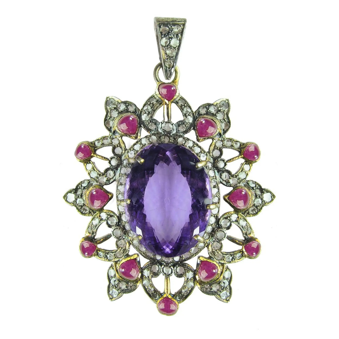 Vintage-Inspired Amethyst Pendant with Ruby & Diamond in 925 Sterling Silver