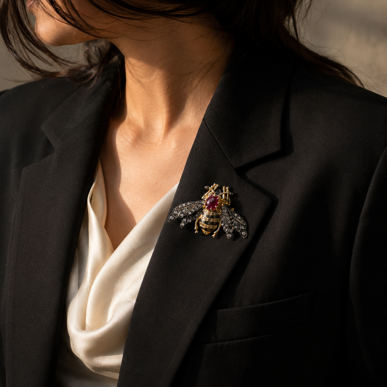 Bumble Bee Brooch with Ruby and Diamonds in Sterling Silver